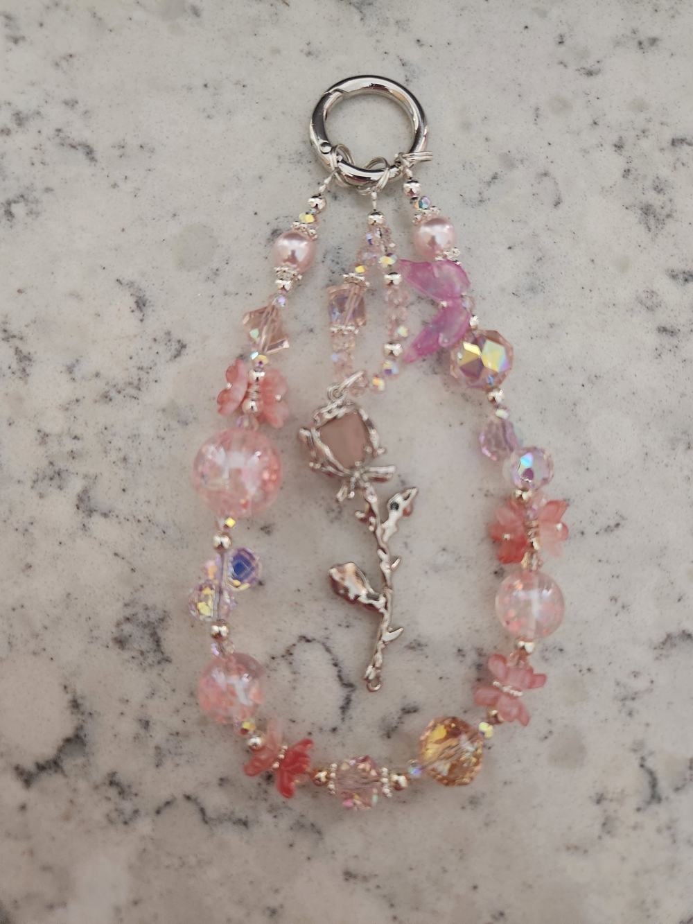 Pink Beaded Rose Keychain